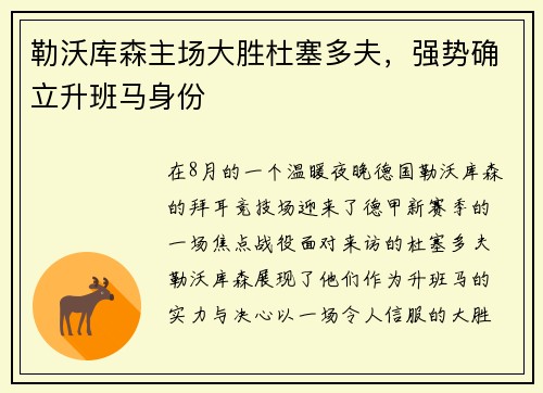 勒沃库森主场大胜杜塞多夫，强势确立升班马身份